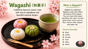 Traditional Japanese wagashi sweets served with tea FJM